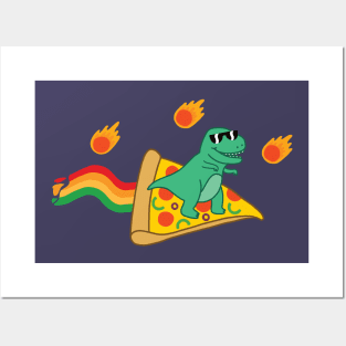 Pizza Dinosaur Surfing Past the Asteroids Posters and Art